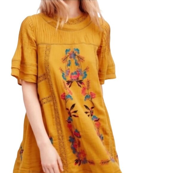 Free People Victorian Mini Dress Mustard Embroidered A Line Bohemian Size L - Picture 5 of 12